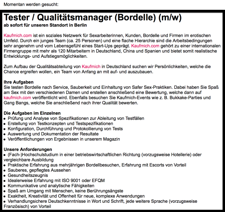 Bordelltester Stellenanzeige von Kaufmich.com