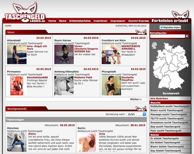Auf dem Hurenführer Taschengeldladies.de findet man Sexkontakte für ein Taschengeld.