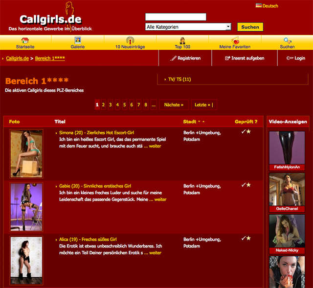 Profilübersicht auf Callgirls.de